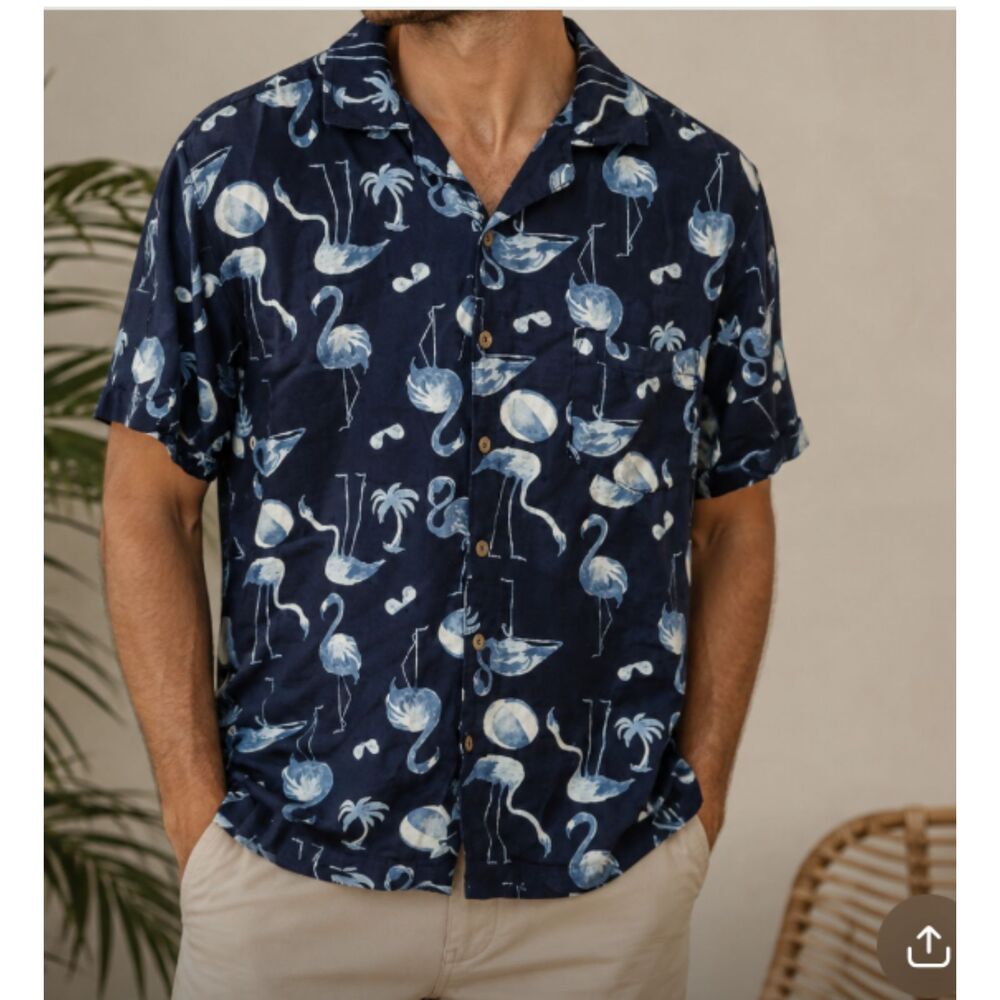 Trunks Medium Navy Blue Flamingo Print Button-Up Shirt | Resort Vacation Vibe